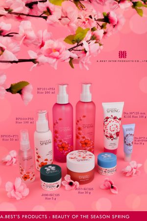 บรรจุภัณฑ์เครื่องสำอาง เซตซากุระที่มีสีสันสะดุดตาด้วยสีชมพู ที่สกรีนและออฟเซตบนงานประเภทขอว กระปุก และหลอดโฟมได้