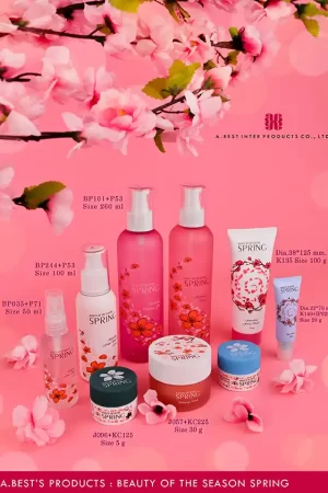 บรรจุภัณฑ์เครื่องสำอาง เซตซากุระที่มีสีสันสะดุดตาด้วยสีชมพู ที่สกรีนและออฟเซตบนงานประเภทขอว กระปุก และหลอดโฟมได้