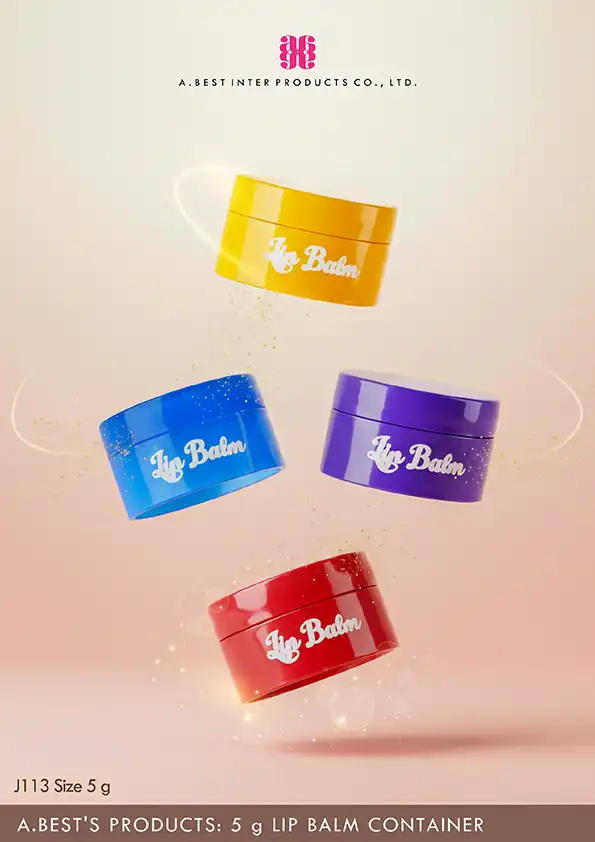 ตลับลิปบาล์ม5g ของเอ.เบสท์ อินเตอร์ โปรดักส์ เรารับผลิตตลับลิปบาล์มทำสีได้ทั้ง เหลือง น้ำเงิน ม่วง และสีแดง ลอยอยู่บนอากาศพื้นหลังสีงาช้างไล่สีชมพู