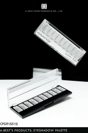 ตลับพาเลทสีดำและสีขาวของบริษัทเอ.เบสท์ อินเตอร์ โปรดักส์ จำกัด เราผลิตตลับแป้งทรงเหลี่ยมผื่นผ้าสีขาวดำ ใส่จานแป้งได้10 ช่อง พร้อมพิมพ์สกรีน วางบนพื้นสีขาวฉากสีดำ