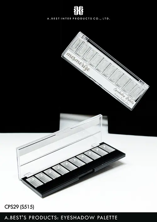 ตลับพาเลทสีดำและสีขาวของบริษัทเอ.เบสท์ อินเตอร์ โปรดักส์ จำกัด เราผลิตตลับแป้งทรงเหลี่ยมผื่นผ้าสีขาวดำ ใส่จานแป้งได้10 ช่อง พร้อมพิมพ์สกรีน วางบนพื้นสีขาวฉากสีดำ