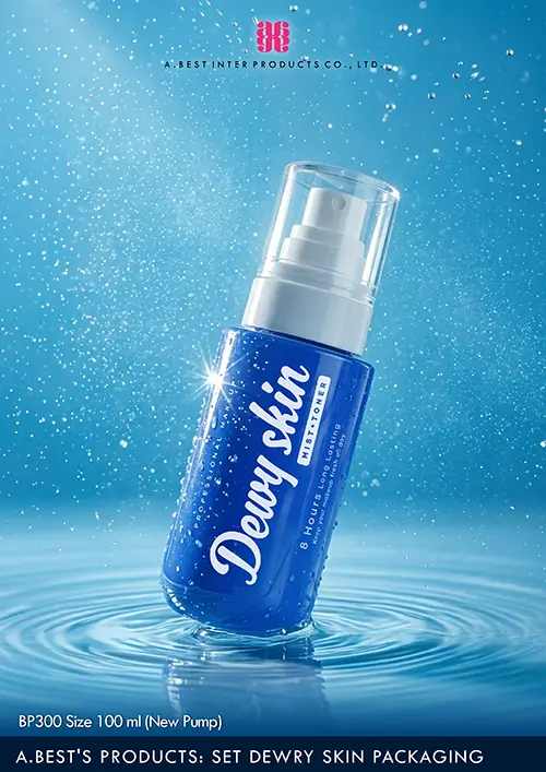 ขวดก้นมนบ่าตัด 100 ml ของเอ.เบสท์ อินเตอร์โปรดักส์ ผลิตบรรจุภัณฑ์เครื่องสำอางในประเทศไทย ทำสีน้ำเงิน ใส่ PCR ได้ คู่ปั๊มสเปรย์ใหม่เสมอบ่า วางบนผิวน้ำ ขวดเอียง 45 องศา มีสเปรย์ฟุ้งบริเวณรอบ
