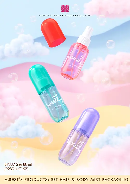 ขวดทรงแคปซูล 80 ml ของบริษัทเอ.เบสท์ อินเตอร์ โปรดักส์ จำกัด สามารถทำสี ชมพู เขียว ม่วงได้ทั้งฝาและขวด คู่ปั๊มเสปรย์สีขาว ลอบกลางอากาศที่มีฉากหลังโทนสีพาสเทลแบ่งเป็นเลเยอร์ เช่น ฟ้า ชมพู และเหลือง มีก้อนเมฆนุ่มฟูสีพาสเทล และฟองสบู่ใส ลอยกระจายอยู่รอบๆ ขวดทรงแคปซูล 80 ml